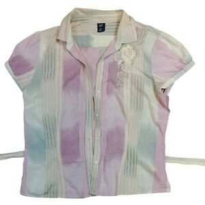 Gap Floral Embroidered Tie Waist Button Down Shirt Women XL Pink Pastel Stripe